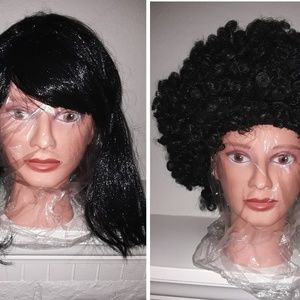 2 Black Wigs Straight Shiny & Disco Afro Curly